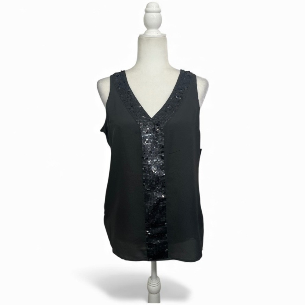 Old Navy Black Sleeveless V Neck Sequin Trim Tank Top Medium Gray Holiday NWT